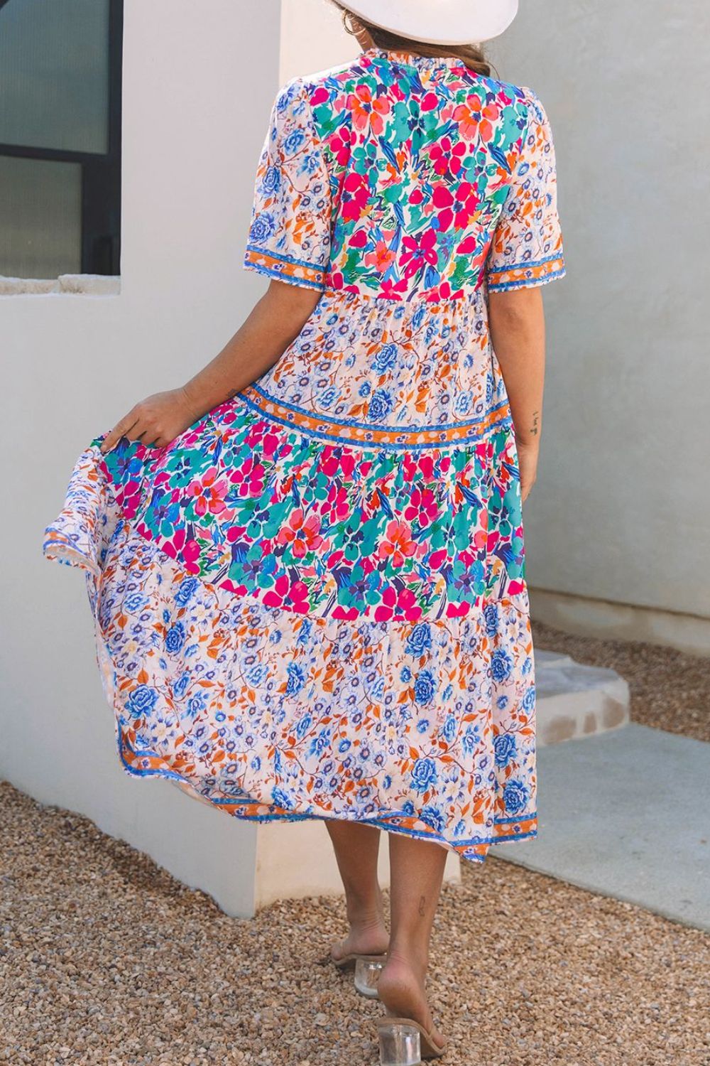 Hazel Blues® |  Mixed Floral Print Tie Neck Short Sleeve Dress