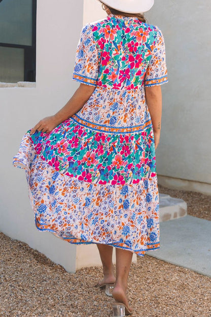 Hazel Blues® |  Mixed Floral Print Tie Neck Short Sleeve Dress