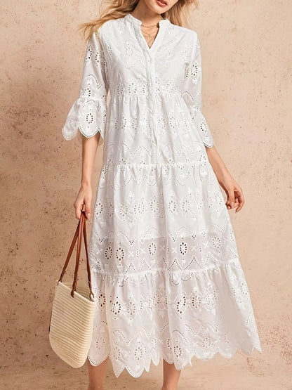 Hazel Blues® |  Eyelet Notched Tiered Midi Dress