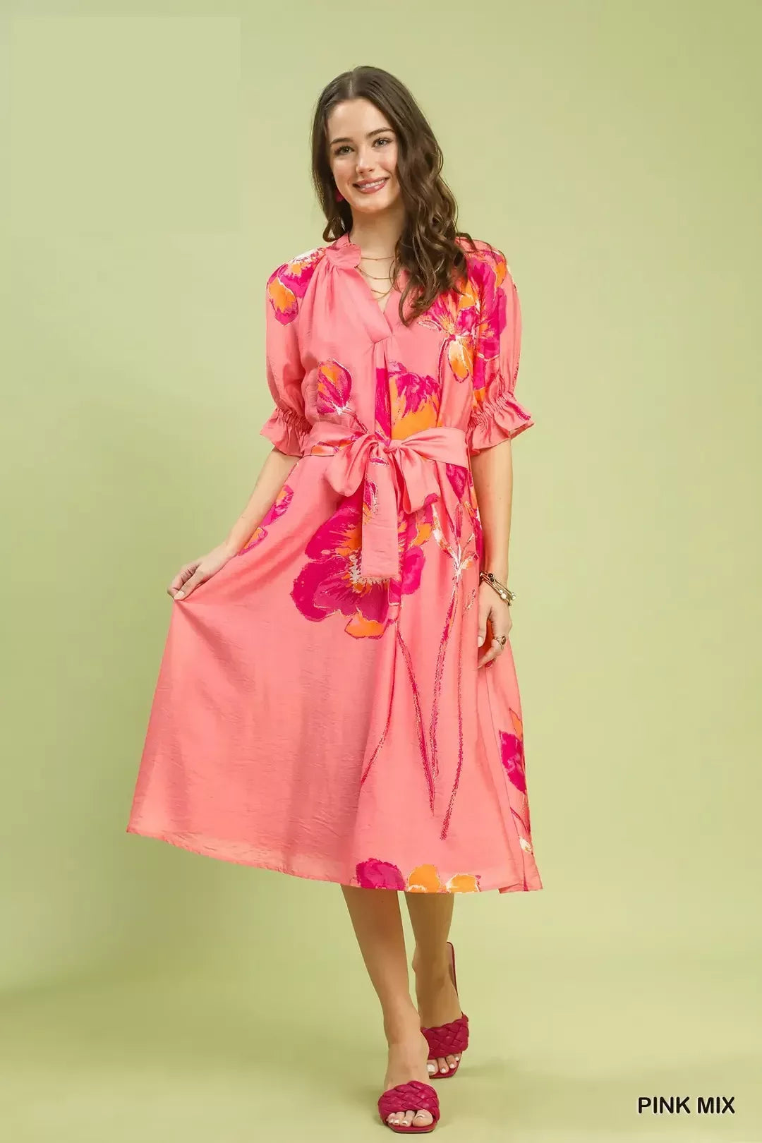 Hazel Blues® |  Umgee Floral Flounce Sleeve Midi Dress with Belted