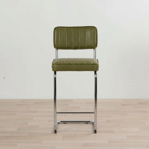 Barnaby Counter Stool - Moss Green, retro moss green PU counter stool with vertical stitched backrest and chrome sled base.