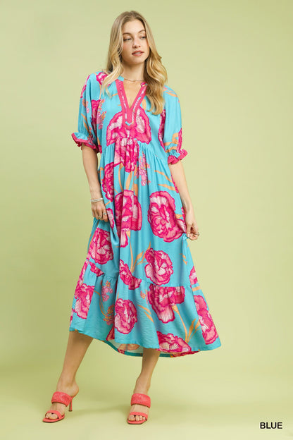 Hazel Blues® |  Umgee Floral Print Midi Dress with Contrast Trim