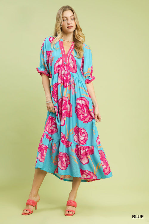 Hazel Blues® |  Umgee Floral Print Midi Dress with Contrast Trim