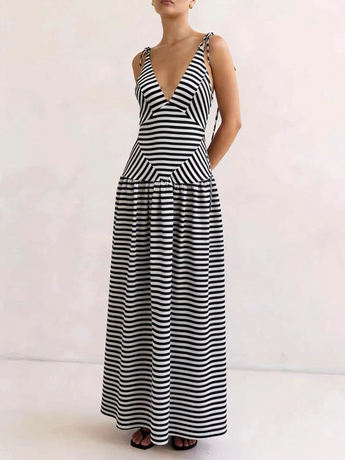 Hazel Blues® |  Striped V-Neck Tie-Shoulder Maxi Dress