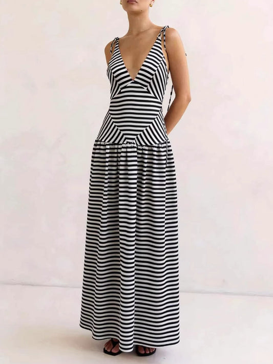Hazel Blues® |  Striped V-Neck Tie-Shoulder Maxi Dress