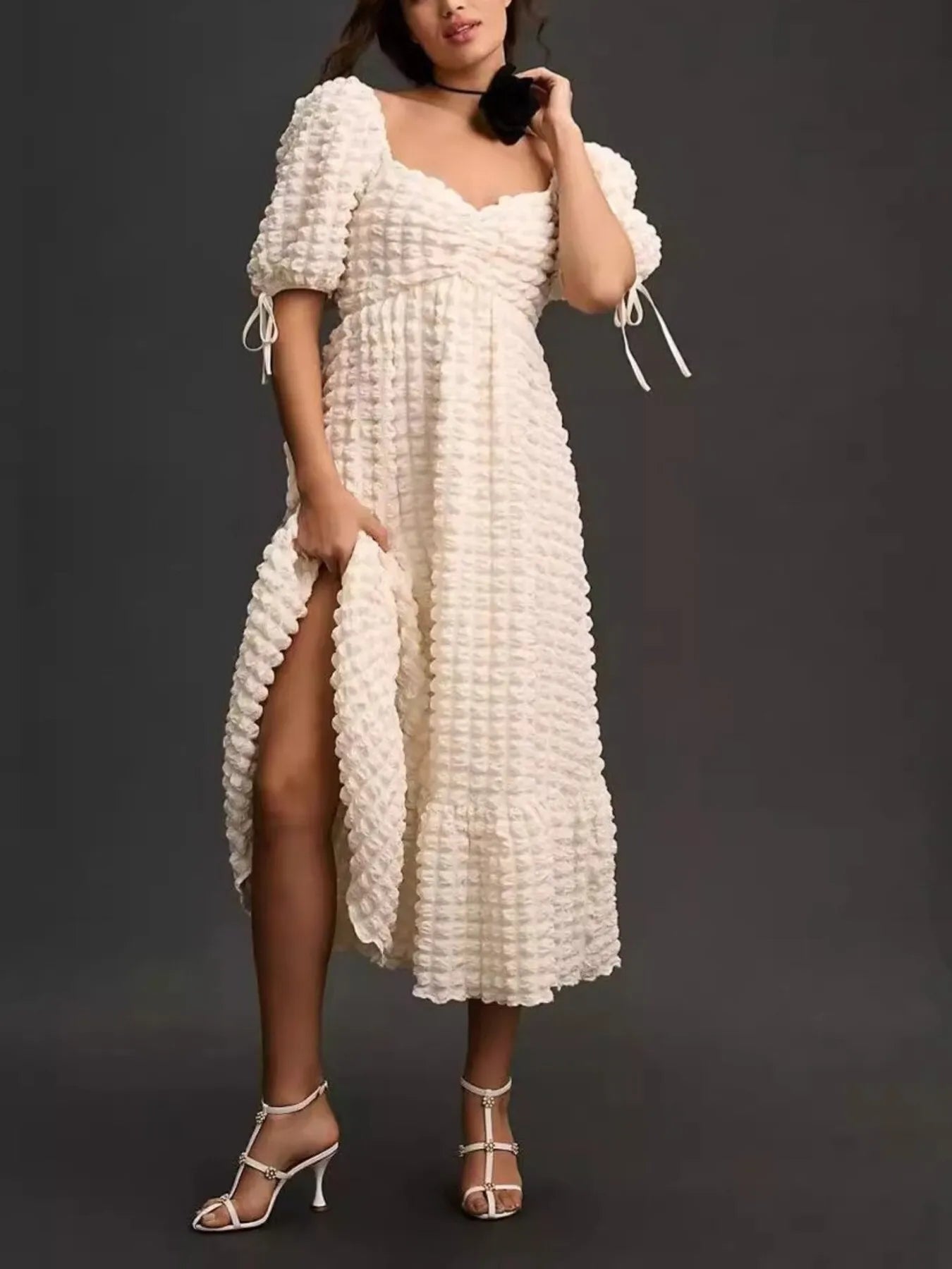 Hazel Blues® |  Textured Sweetheart Neck Short Sleeve Dress
