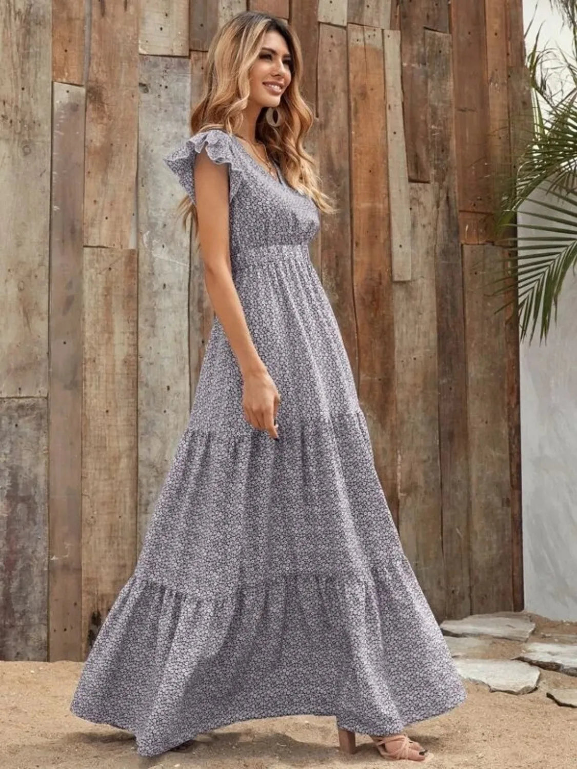 Hazel Blues® |  Printed V-Neck Ruffled Cap Sleeve Maxi Dress