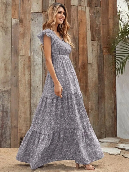 Hazel Blues® |  Printed V-Neck Ruffled Cap Sleeve Maxi Dress