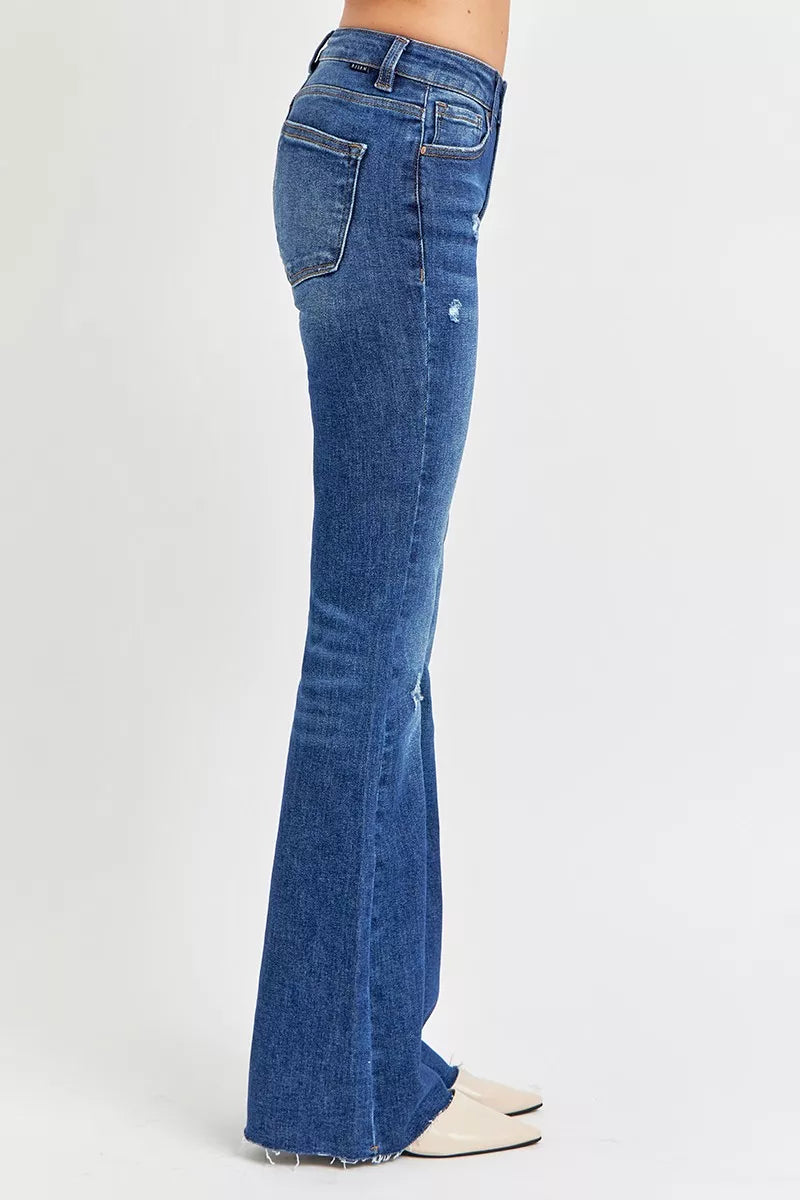 Hazel Blues® | RISEN Distressed Mid Rise Flare Jeans