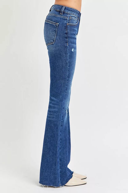 Hazel Blues® | RISEN Distressed Mid Rise Flare Jeans