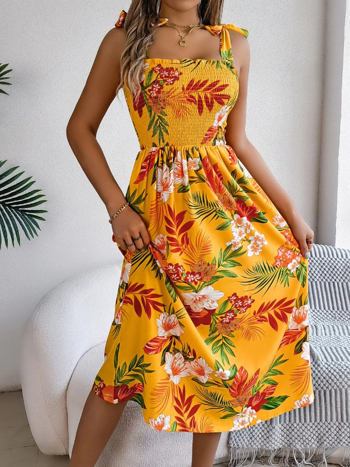 Hazel Blues® |  Smocked Floral Tie Shoulder Midi Dress