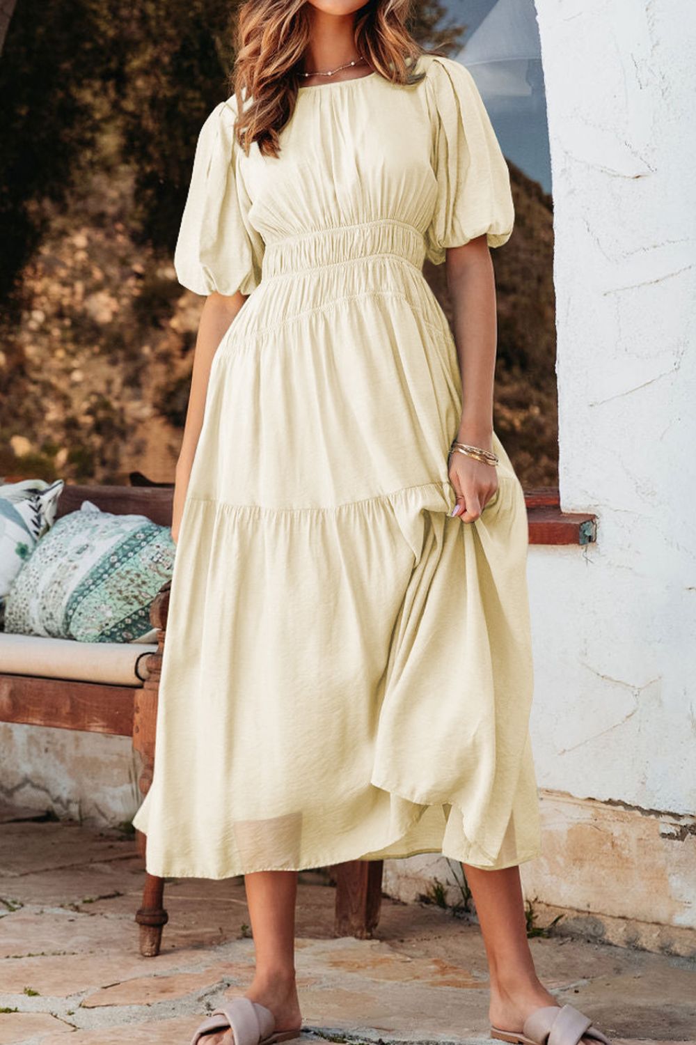 Hazel Blues® |  Puff Sleeve Pleated High Waist Flowy Midi Dress