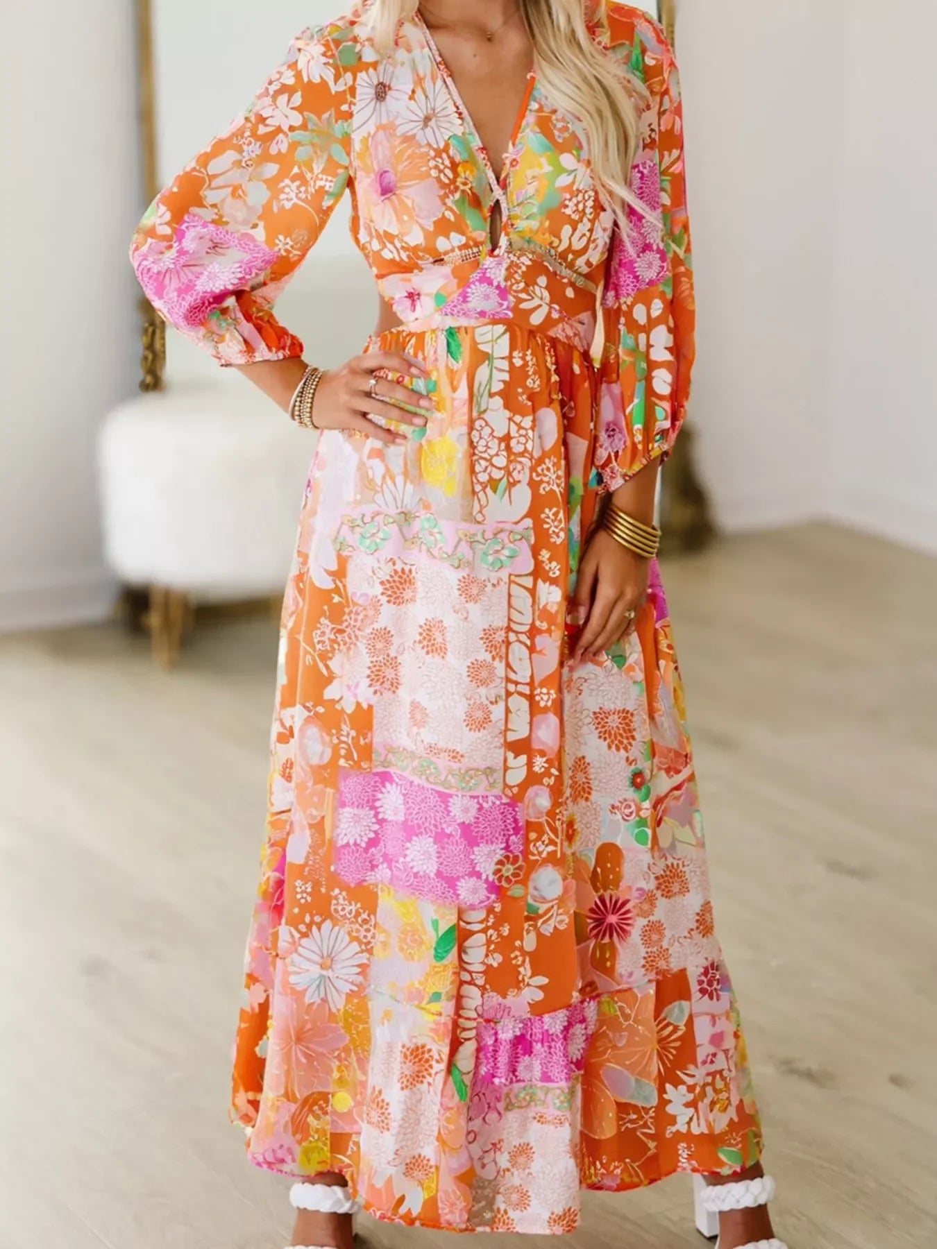 Hazel Blues® |  Vibrant Floral Long Sleeve Dress with Lace-Up Back