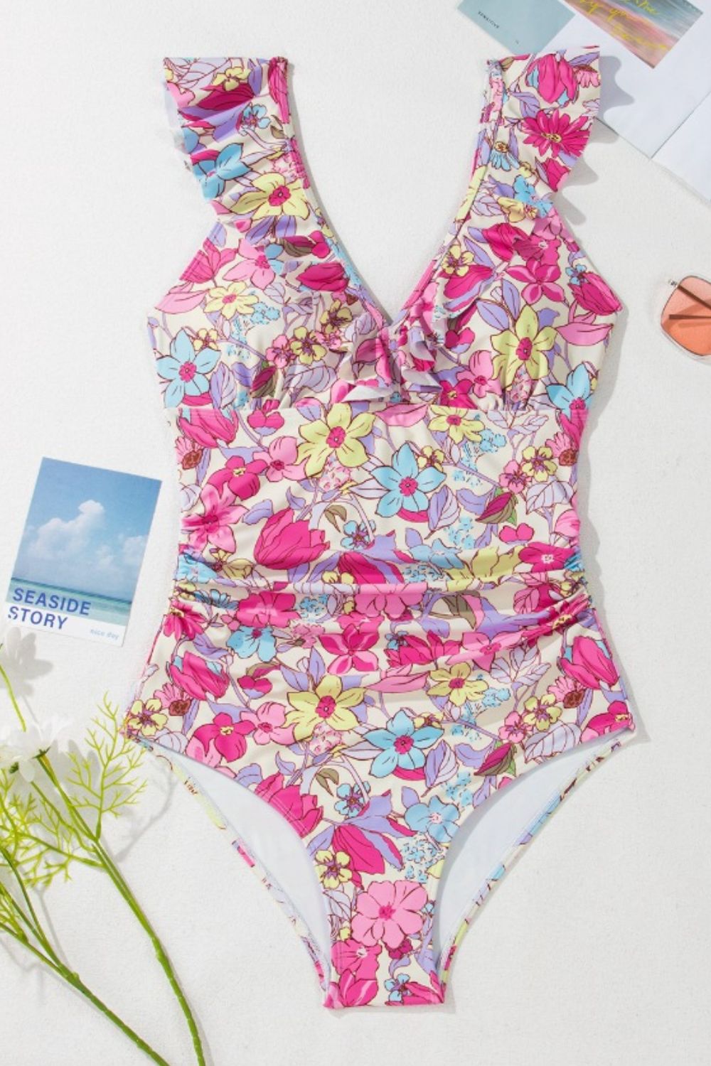 Hazel Blues® | Floral Ruffle Trim Tummy Control One Piece Swimsuit