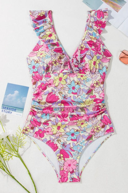 Hazel Blues® | Floral Ruffle Trim Tummy Control One Piece Swimsuit