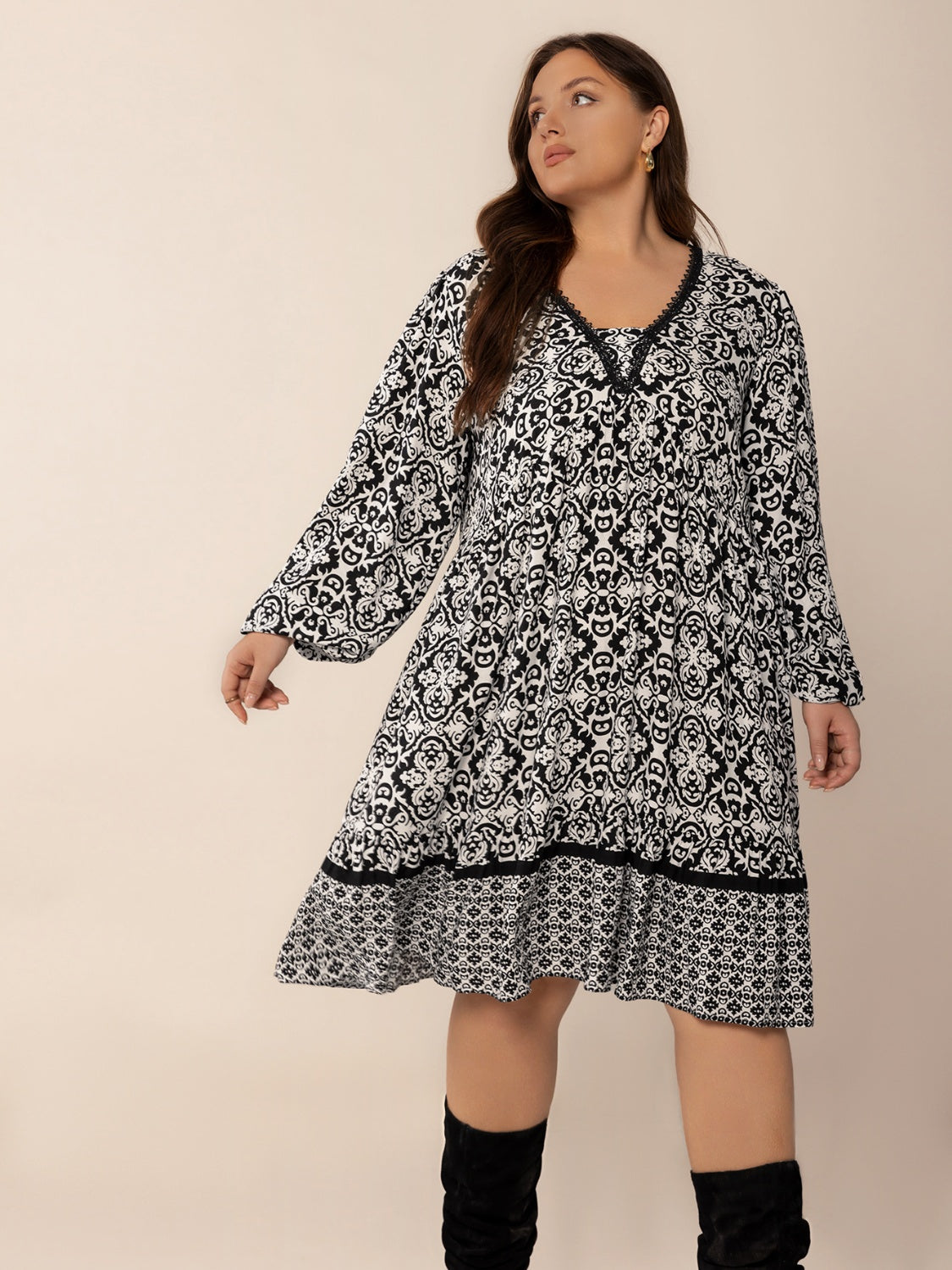 Hazel Blues® | Lace Detail Printed Balloon Sleeve Dress