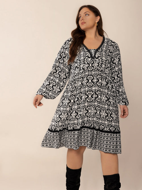 Hazel Blues® | Lace Detail Printed Balloon Sleeve Dress