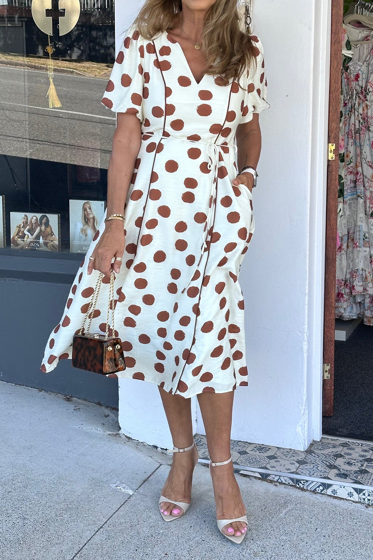Hazel Blues® |  White Polka Dot Printed V Neck Short Sleeve Tie Waist Midi Dress
