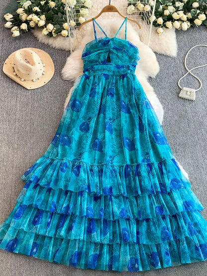 Hazel Blues® |  Floral Print Ruffled Layered Mesh Dress