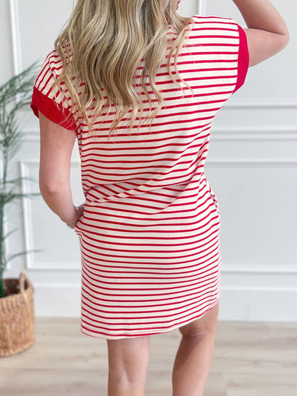Hazel Blues® |  Stripe Quarter Zip Polo Collar T Shirt Dress with Pockets