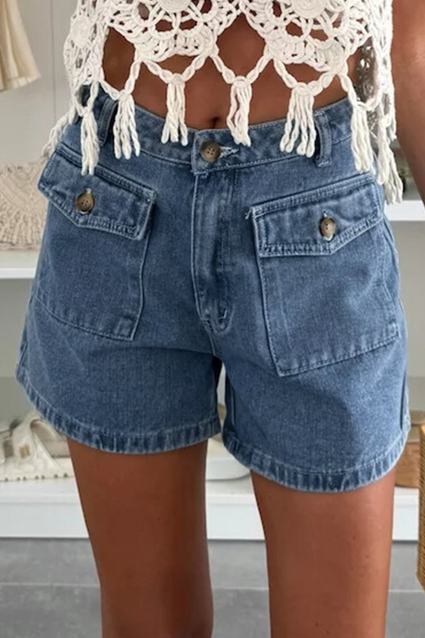 Hazel Blues® |  Dusk Blue Flap Pockets Denim Shorts
