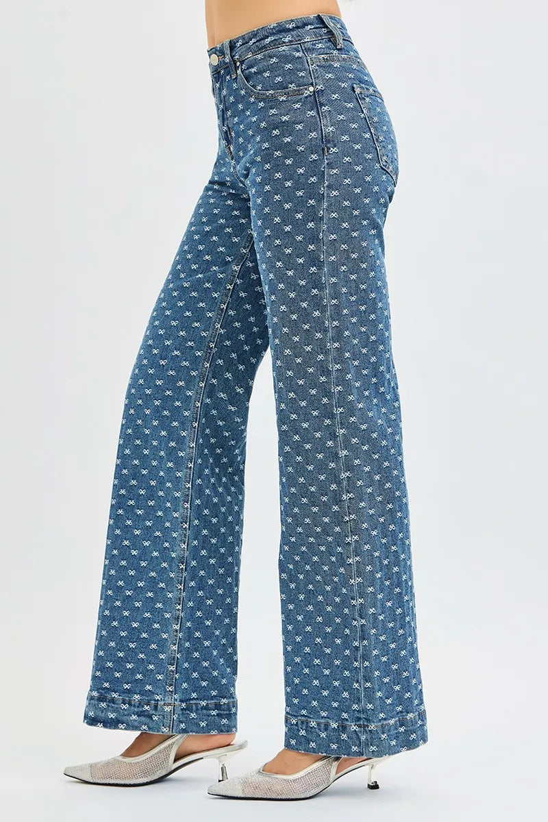 Hazel Blues® |  RISEN High Rise Wide Leg Bow Embroidered Jeans
