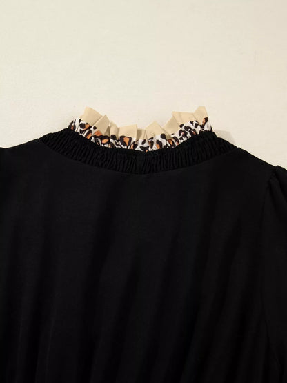 Hazel Blues® |  Contrast Leopard Frilled Trim V Neck Bracelet Sleeve Midi Dress