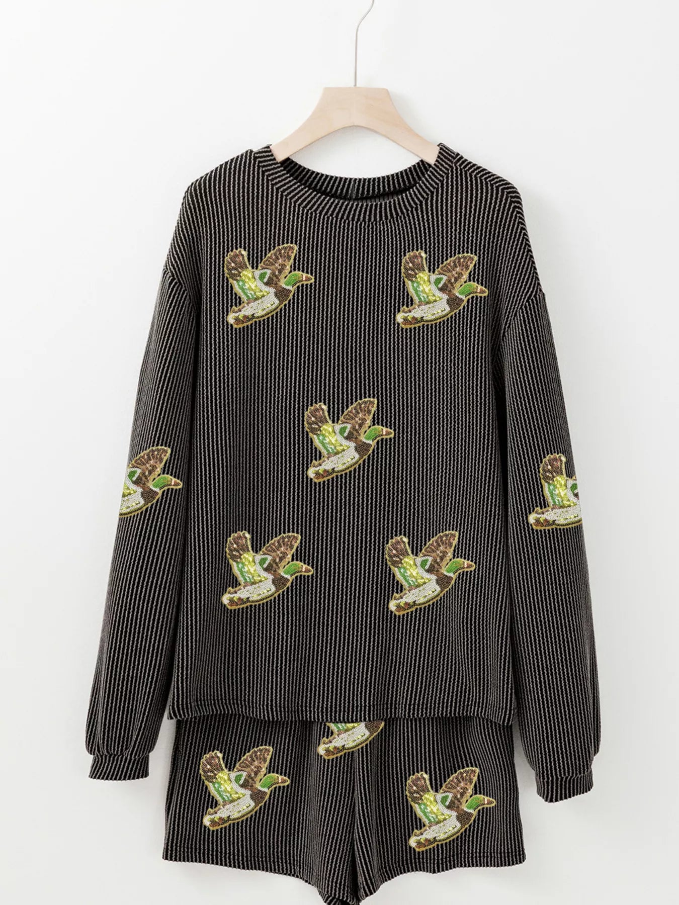 Hazel Blues® |  Flying Mallard Sequin Patched Ribbed Long Sleeve Top and Shorts Set