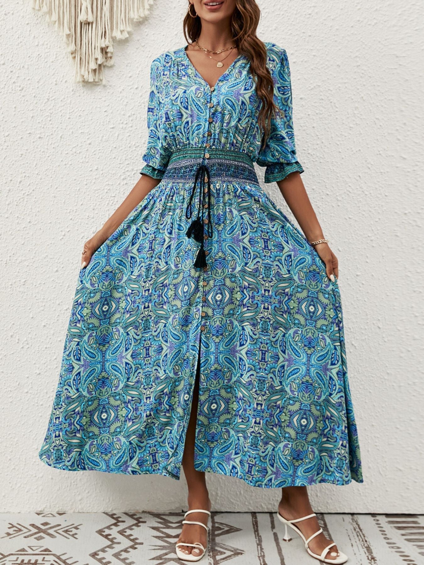 Hazel Blues® |  Paisley Print Half Sleeve Slit Midi Dress