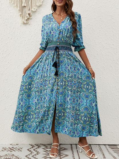Hazel Blues® |  Paisley Print Half Sleeve Slit Midi Dress