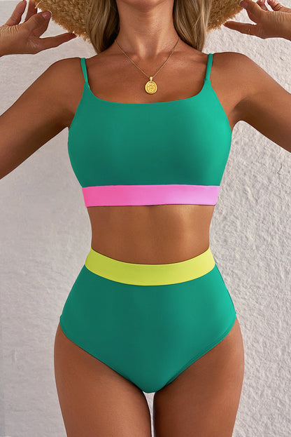 Hazel Blues® | Sea Green Contrast Trim Colorblock Patchwork High Waisted Bikini