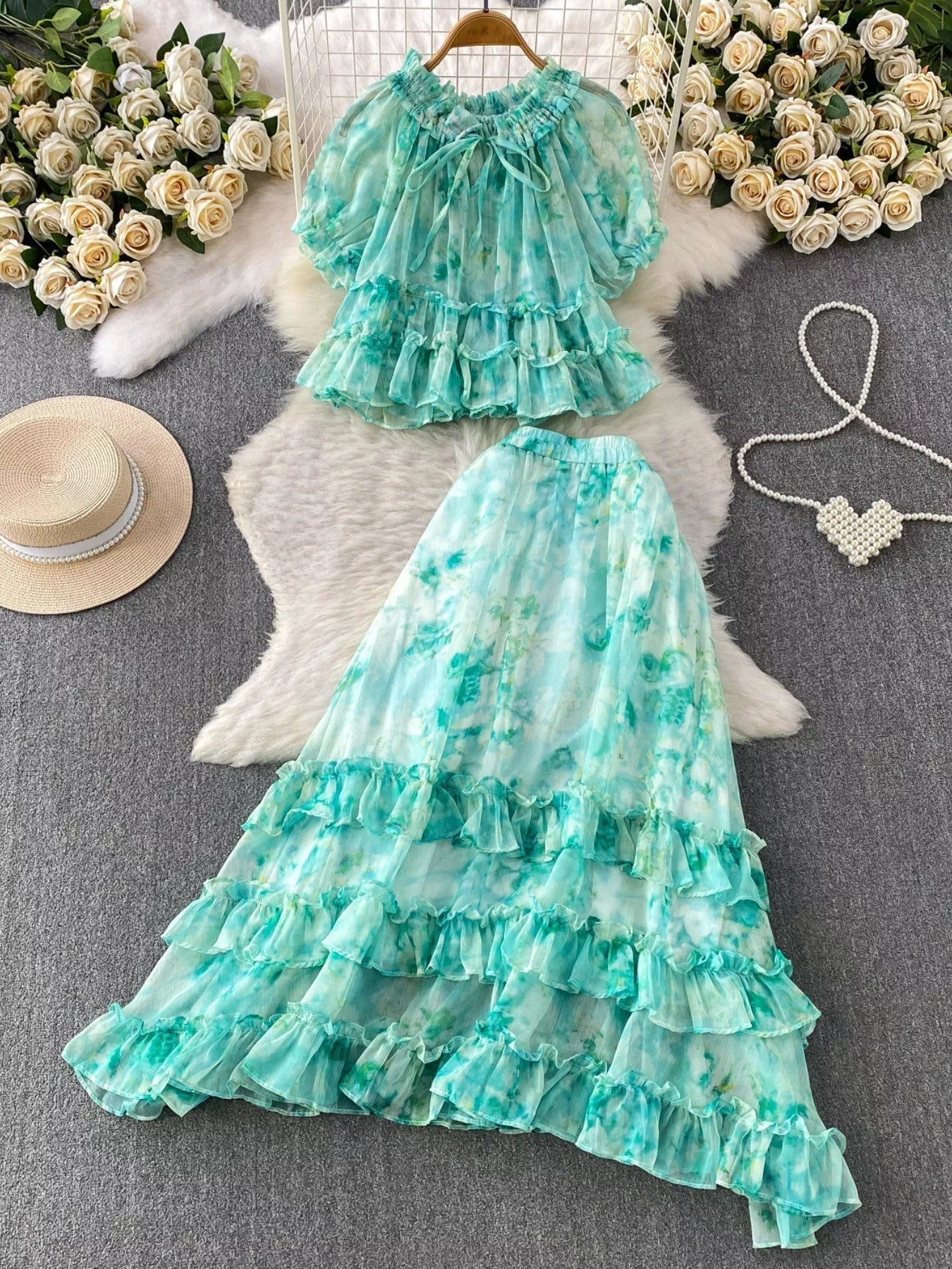 Hazel Blues® |  Floral Print Ruffle Hem Blouse and Skirt Set