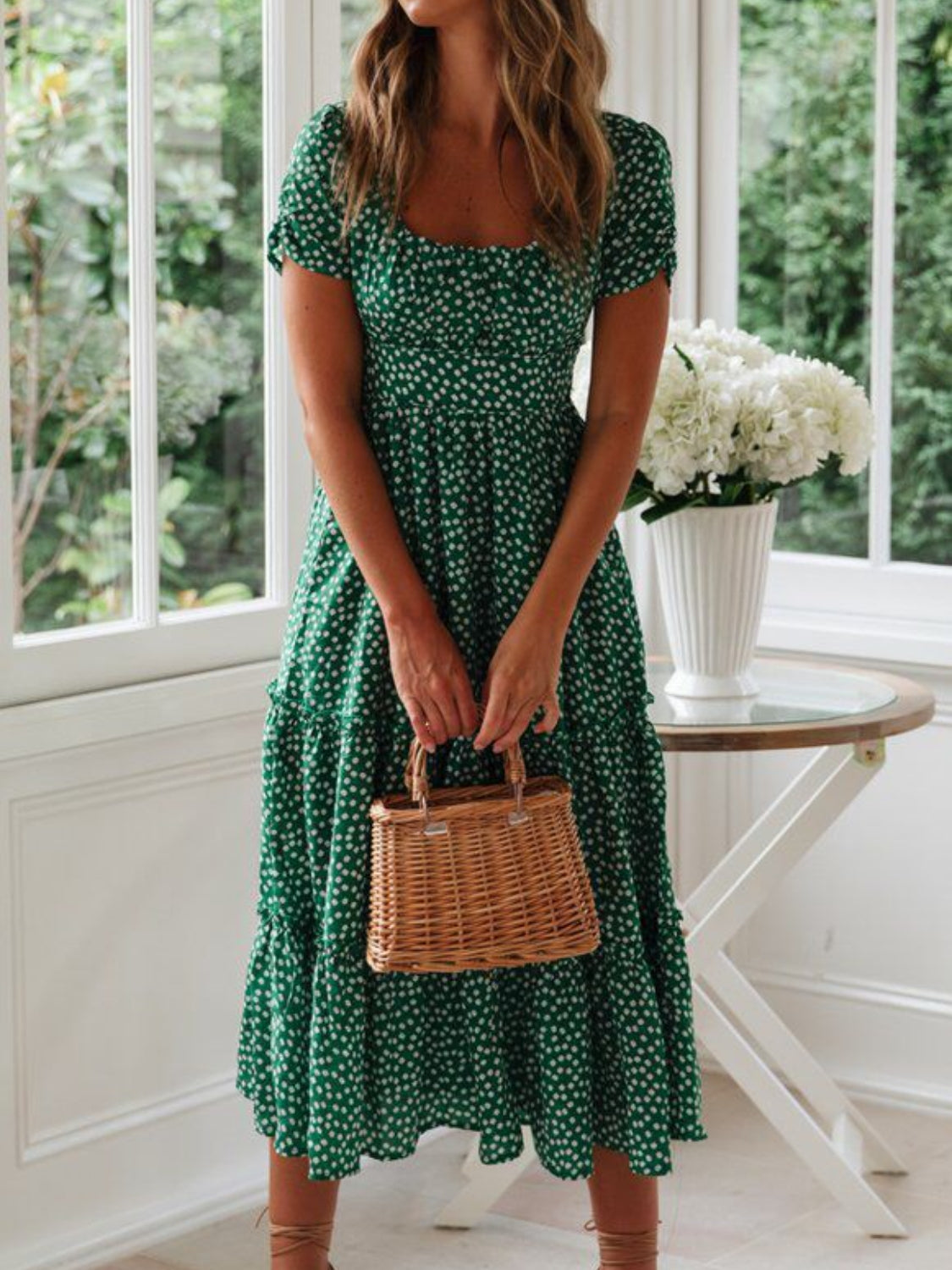 Hazel Blues® |  Printed Square Neck Short Sleeve Midi Dress