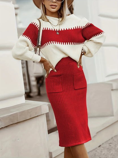 Hazel Blues® |  Two-Tone Ribbed Knit Top and Skirt Sweater Set