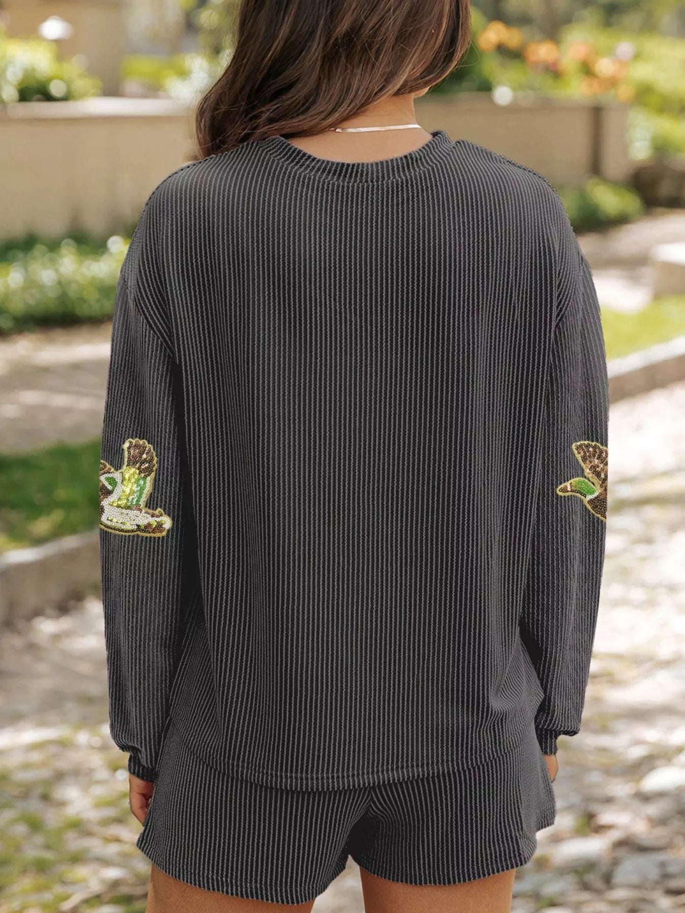 Hazel Blues® |  Flying Mallard Sequin Patched Ribbed Long Sleeve Top and Shorts Set