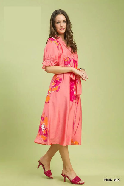 Hazel Blues® |  Umgee Floral Flounce Sleeve Midi Dress with Belted