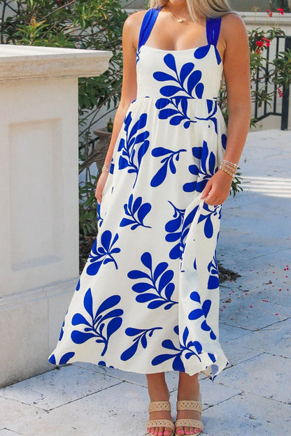 Hazel Blues® |  Blue Floral Print Crisscross Tie Back Sleeveless Long Dress