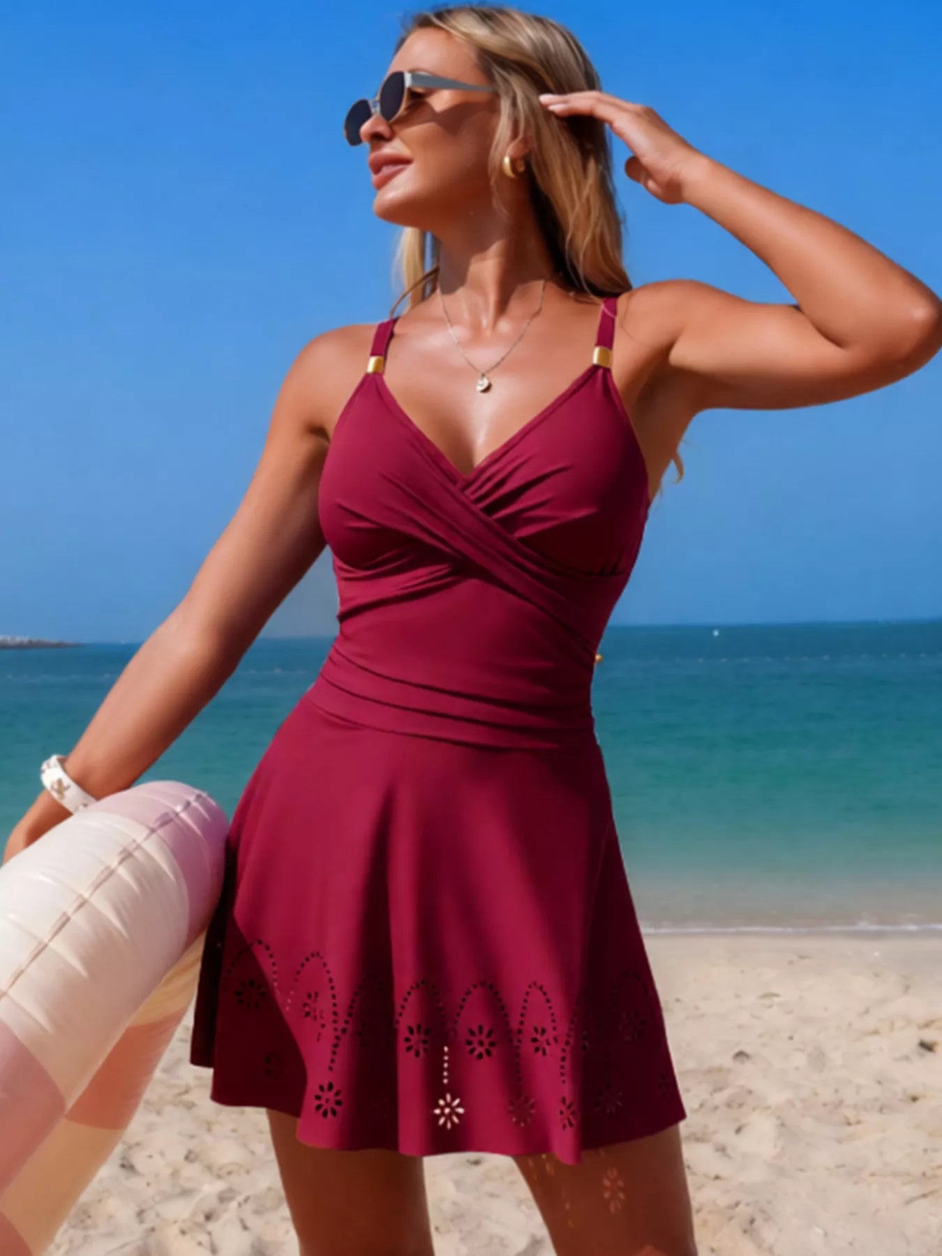 Hazel Blues® | Crossover Ruched One-Piece Swim Dress