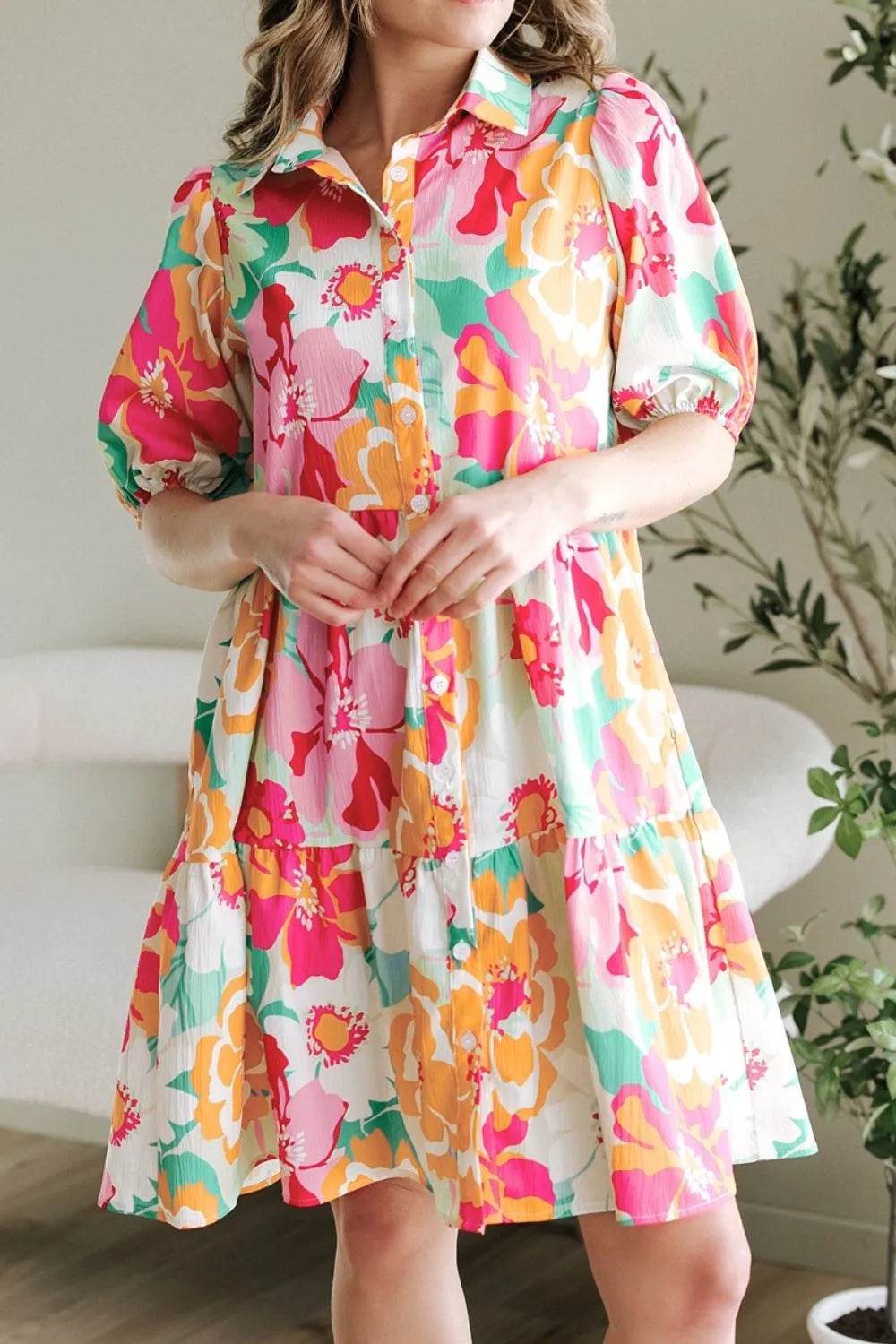 Hazel Blues® |  Button Down Floral Puff Sleeve Babydoll Dress