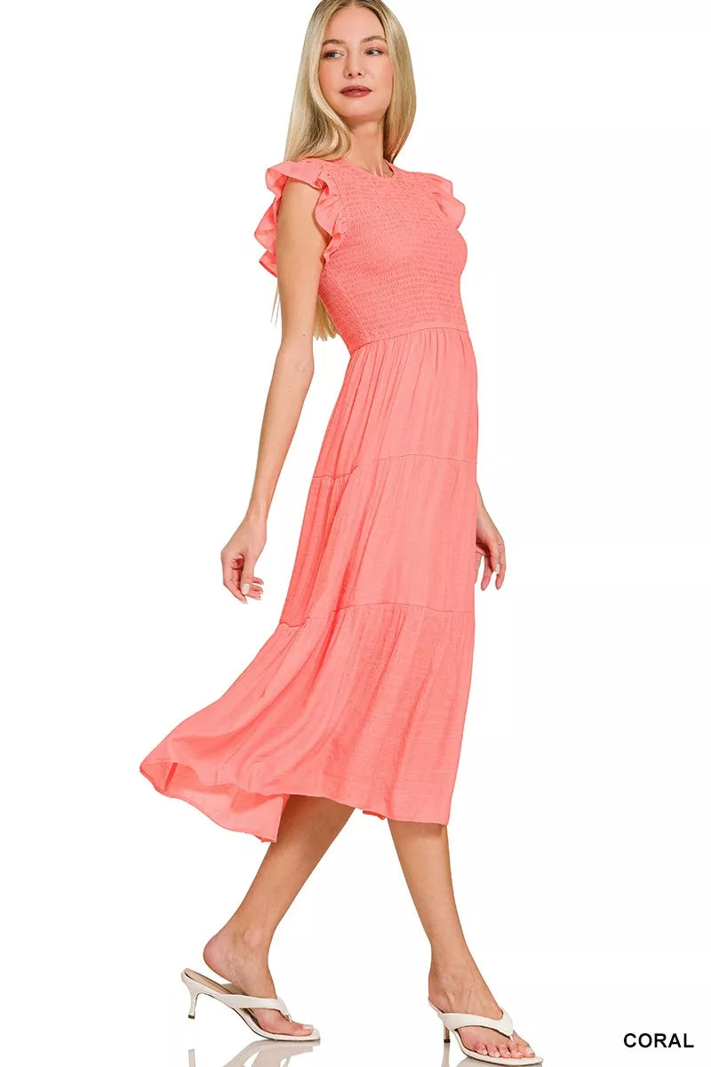 Hazel Blues® |  Zenana Woven Smocked Ruffle Sleeve Midi Dress