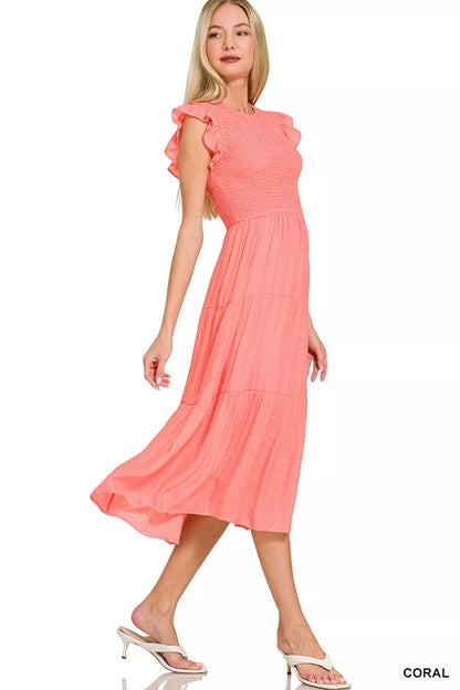 Hazel Blues® |  Zenana Woven Smocked Ruffle Sleeve Midi Dress