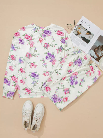 Hazel Blues® |  Floral Print Round Neck Top and Drawstring Pants Lounge Set