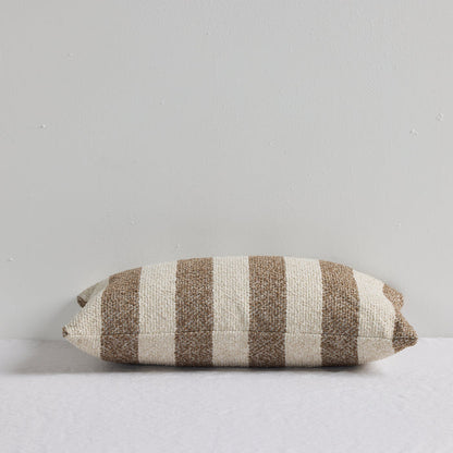Benton 30x50cm Cushion - Brown Stripe, textured brown and cream striped cushion on a white bed.