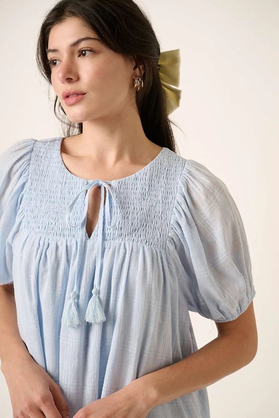 Hazel Blues® |  Mittoshop Tassel Tie Plaid Gauze Short Sleeve Mini Dress