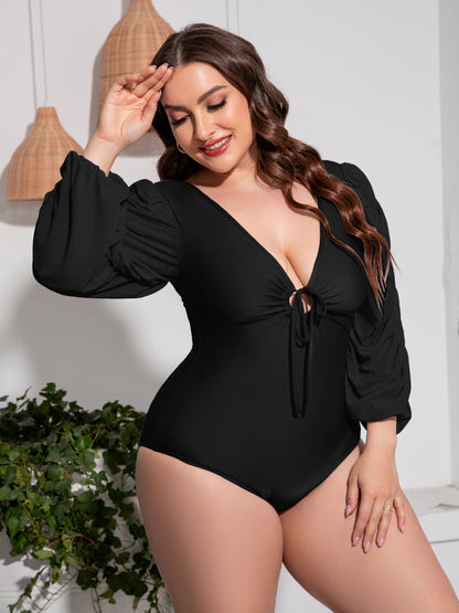 Hazel Blues® | Tied Deep V Balloon Sleeve One-Piece Swimsuit