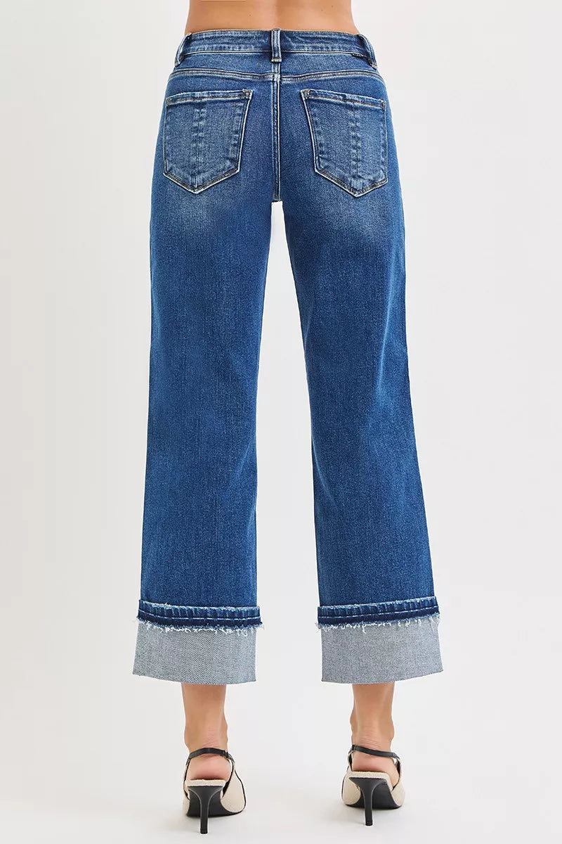 Hazel Blues® |  RISEN Mid Rise Ankle Straight Jeans with Cuffed Hem