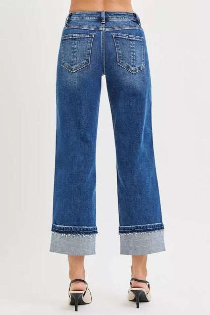 Hazel Blues® |  RISEN Mid Rise Ankle Straight Jeans with Cuffed Hem