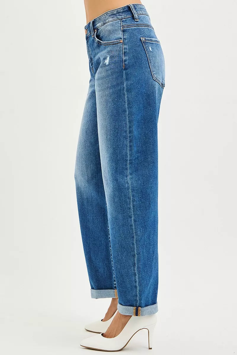 Hazel Blues® | RISEN Mid Rise Barrel Double Roll Up Jeans