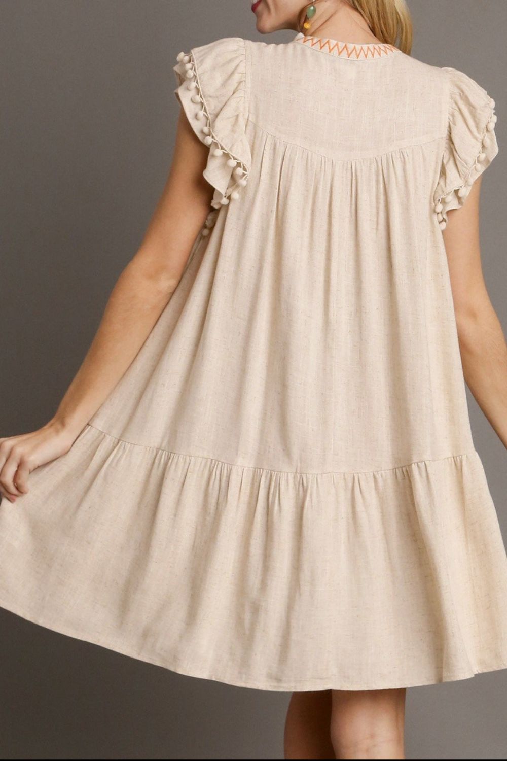 Hazel Blues® |  Floral Embroidery Pom Pom Ruffle Sleeves Mini Dress