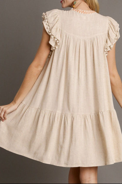 Hazel Blues® |  Floral Embroidery Pom Pom Ruffle Sleeves Mini Dress